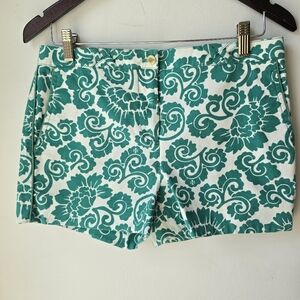 Tory Burch Teal White Floral Regular Waist Shorts Cotton Size 4 M Waist 15.5"